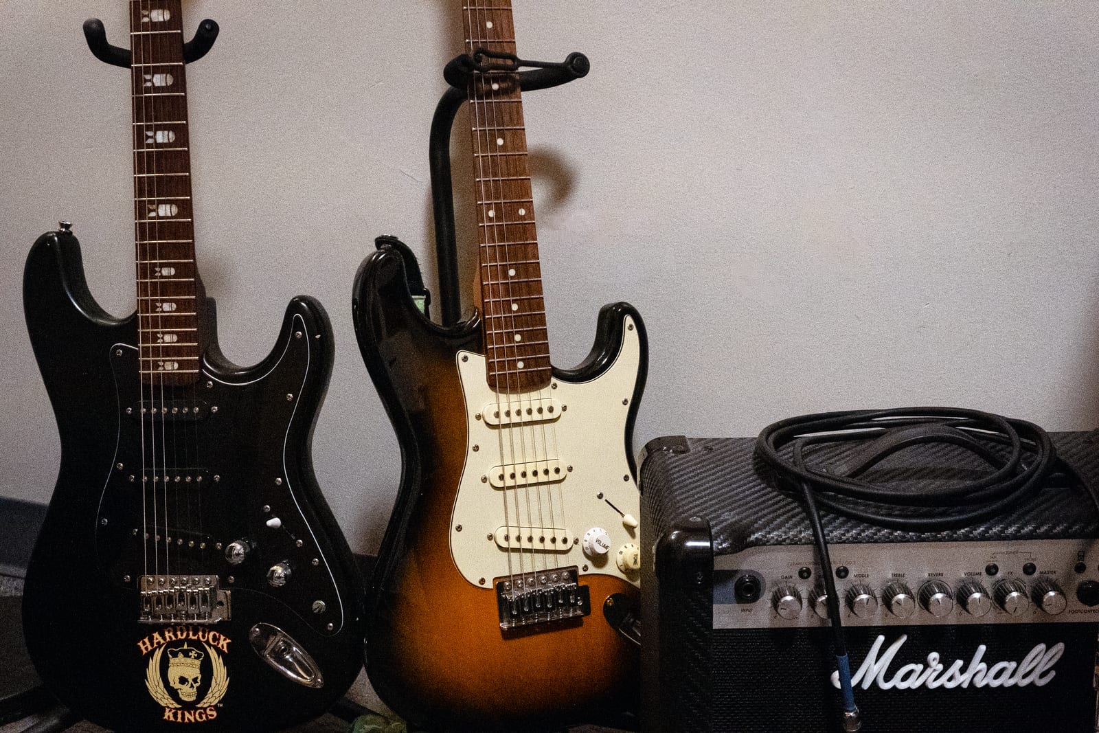 Guitars set up in the Twelve Tone guitar room at the Glenview studio.